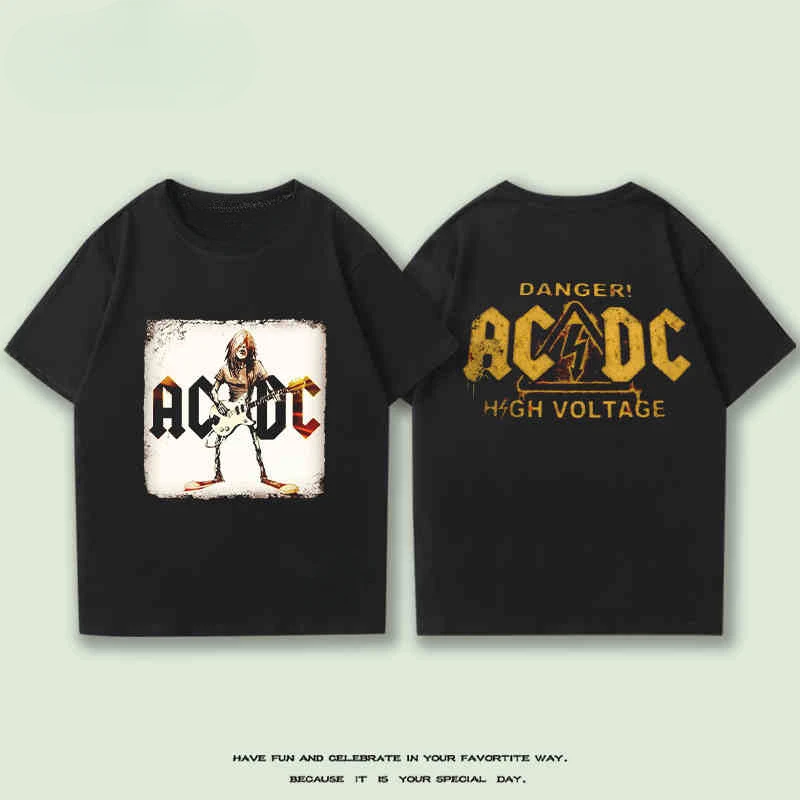 

2025 New ACDC Rock Band Short Sleeve T-shirt Male and Female Students Summer Loose American Street All Round Neck Pure Cotton