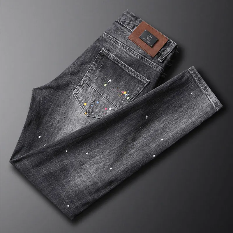 Men Jeans Retro Dark Grey Washed Paint Splatter Frayed Hem Elastic Slim Trousers Hip‑Hop High Street Casual Denim JeansY2K