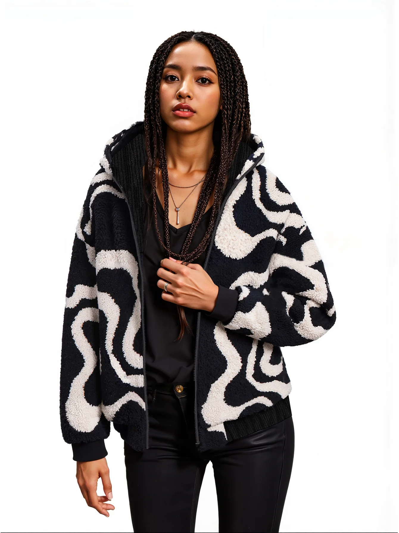 

2025 Autumn Winter Women's Abstract Wave Sherpa Hoodie - Loose Warm Full Zip Up Hooded Fleece Jacket for Daily & Outdoor Wear