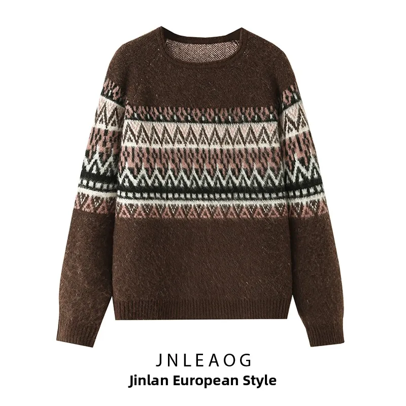 

JNLEAOG Autumn New Women's round Ne Long Sve Color Blo Effect Knitted Sweater Polyester Fiber Knitted Long Sve Top