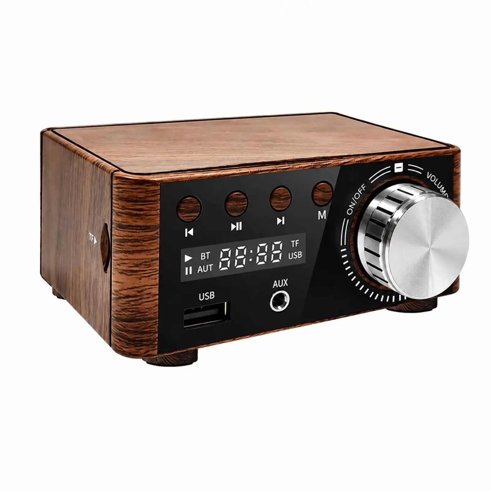 Compact Class D Bluetooth Amplifier with Front Panel Controls and Wide Voltage Input for Home Audio Use