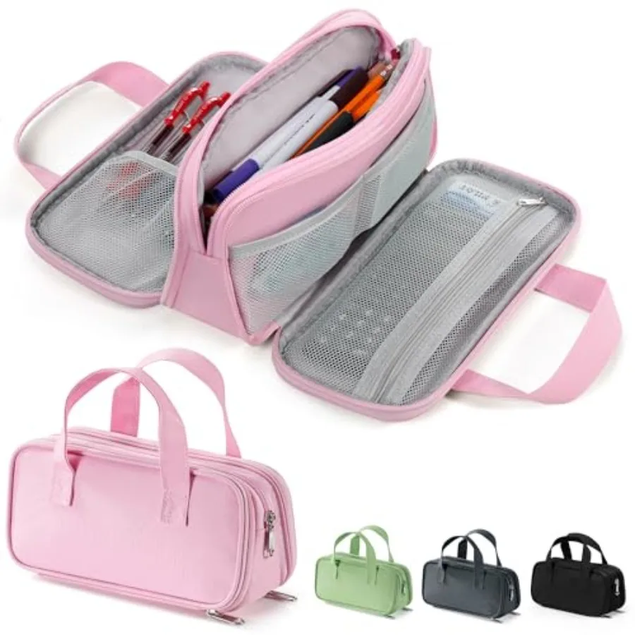 

Large Pencil Case, Big Capacity Pencil Pouch Pen Bag with 3 Compartment, Portable Canvas Stationery Organizer with Zipper, Cute