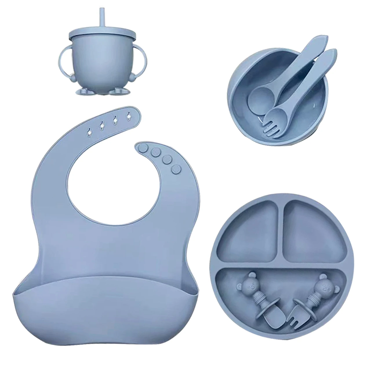 5.BPA Free Custom Logo Kids Baby Feeding Set Silicone Suction Bowl Plate Bib Cutlery Silicone Bib Bowl Spoon Set