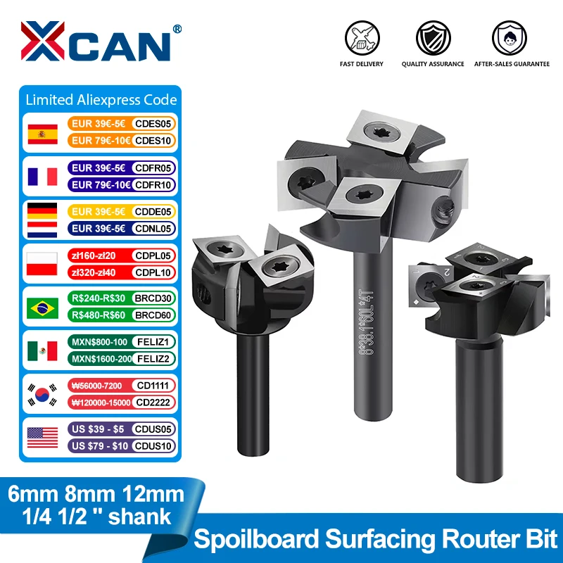 XCAN Wood Planer Cutter Spoilboard Surfacing Router Bit Carbide Instert Milling Cutter CNC Surfacing Bit 6 8 12mm 1/4 1/2 Shank