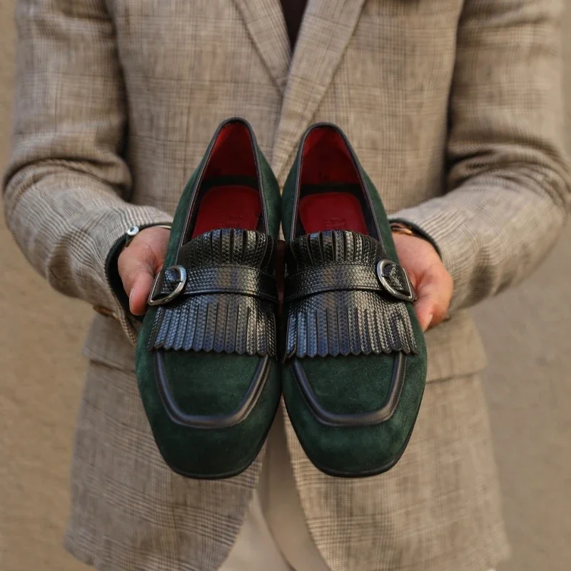 Green Men Formal Shoes Loafers Flock Tassels Slip-On Round Toe Party Wedding Shoes for Men Size 38-46