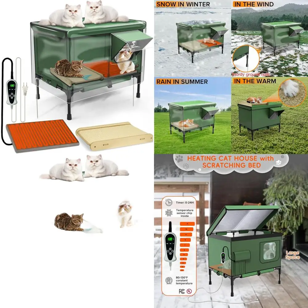 

All-Weather Outdoor Cat House with Heating, Scratching, and Elevated Bed, Waterproof and Windproof Cover