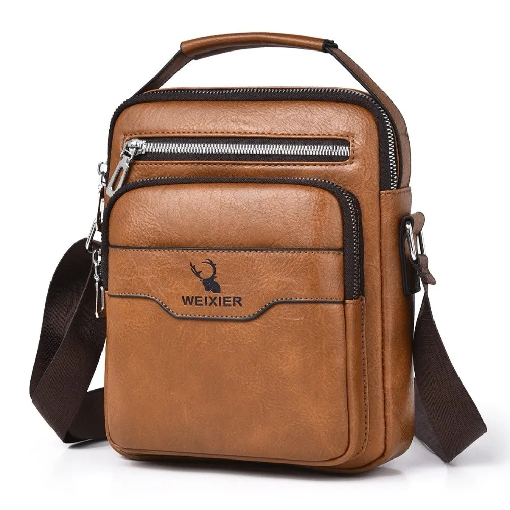 Fashionable Vintage Men Crossbody Bag PU Leather Waterproof Shoulder Bag Top Handle Multi Zipper Pocket Sling Purse for Men