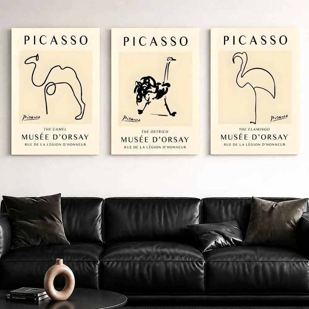 P-PICASSO Long-Legged Line Animals Framed Wall Painting Framed Canvas Wall Art Poster Solid Wood Frame Home Decor