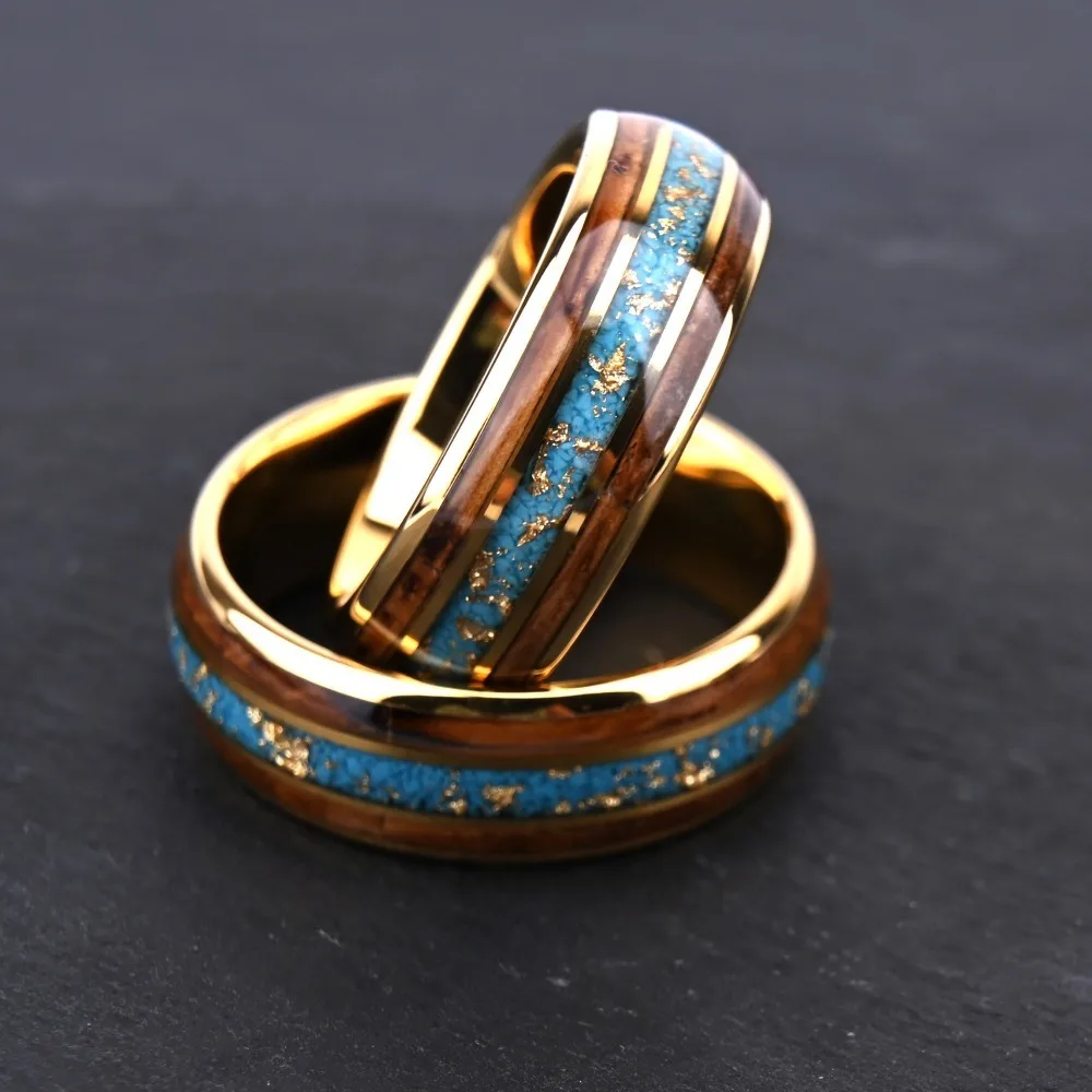 Somen 8mm Tungsten Carbide Ring For Men Koa Wood Crushed Turquoise Foil Inlay Wedding Band Engagement Anniversary Gift Anel view 5