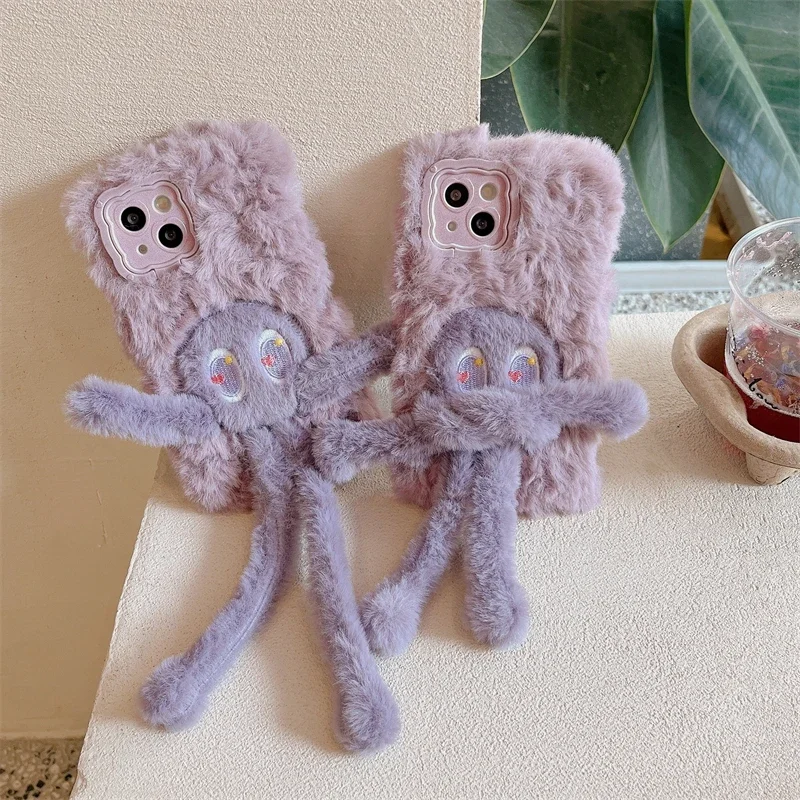 Cute Pull The Octopus Soft Phone Case for IPhone 16 15 14 13 Pro Max 14 Plus 15 Plus Fluff Toy Camera Protect Back Cover