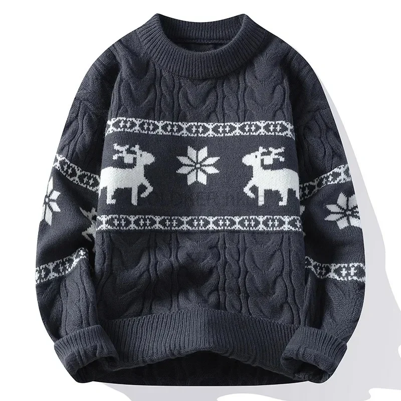 Family Christmas Reindeer Knitted Sweater for Men Women Red White Cable Knit Pullover Xmas Festival Warm Korean Jumper