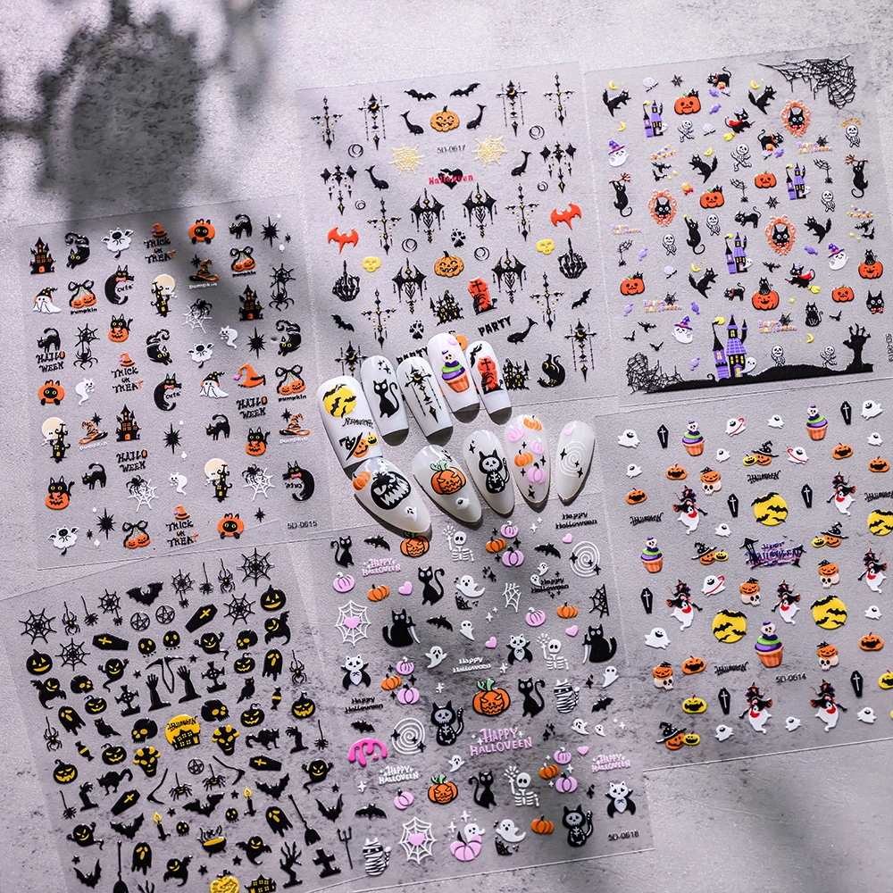 1개 5D 귀여운 검은 고양이 호박 할로윈 네일 스티커 재미있는 해골 유령 호박 거미줄 네일 데칼 DIY 휴일 매니큐어