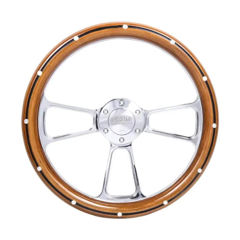 355mm Rivet Wooden Steering Wheel Black Spoke Chrome Spoke 6-Bolt for Universal 14 Inch Car Steering Wheel