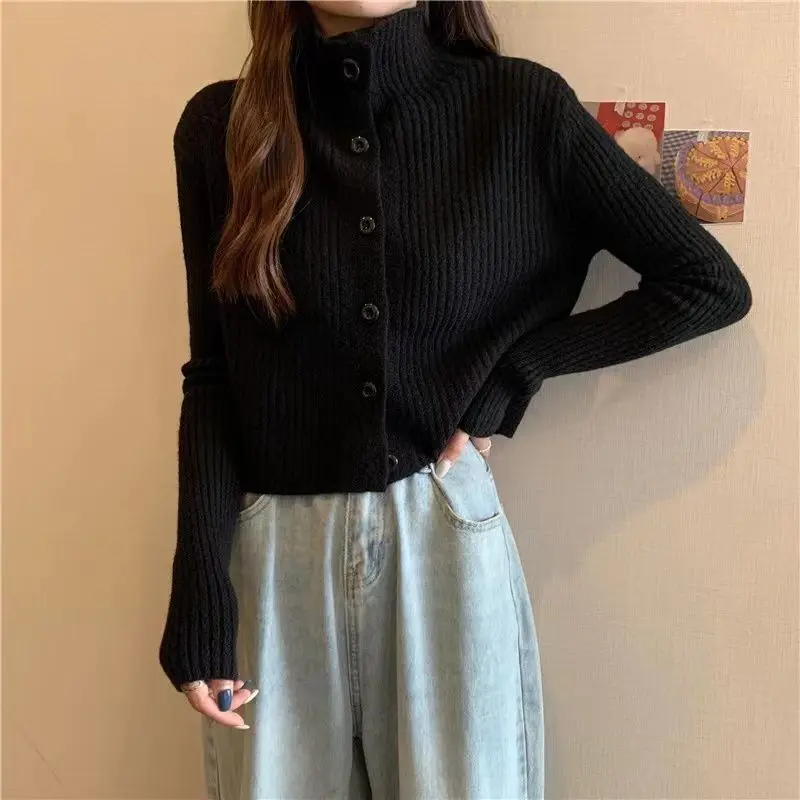 Hdspq Knitted Cardigan Women 2022 Autumn Winter Turtleneck Ribbed Sweaters Woman Single-Breasted Long Sleeve Cardigans Tops