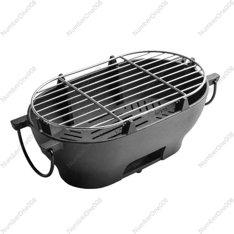 

Portable Cast Iron Oval Charcoal Grill BBQ for Outdoor Picnic Camping, Multifunctional Barbecue Stove with Lid, Durable