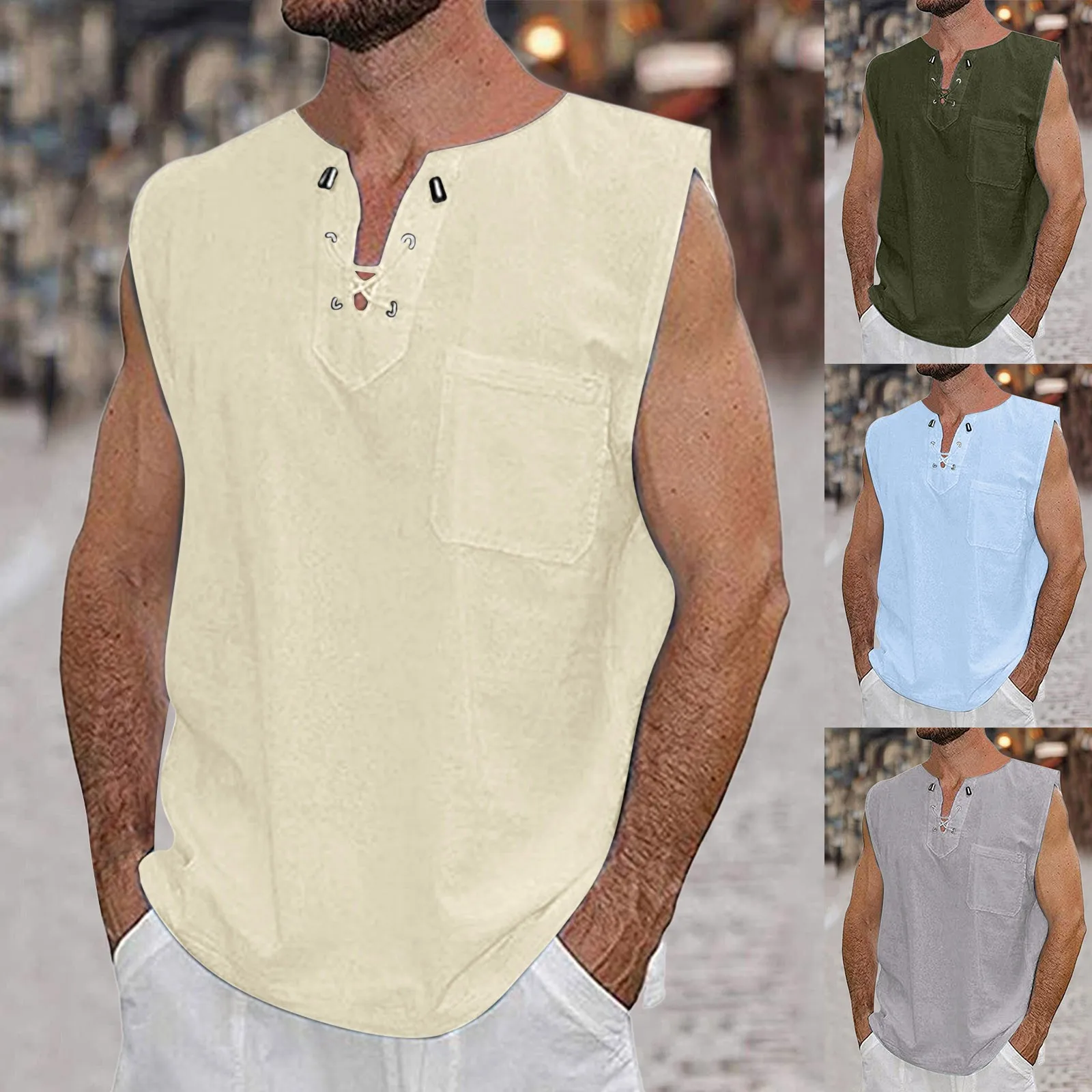 Mens Summe Tank Tops Cotton Linen Casual Sleeveless Shirt Tops Loose Lace Up V-neck Medieval Fashion Tees Shirts Male Streetwear