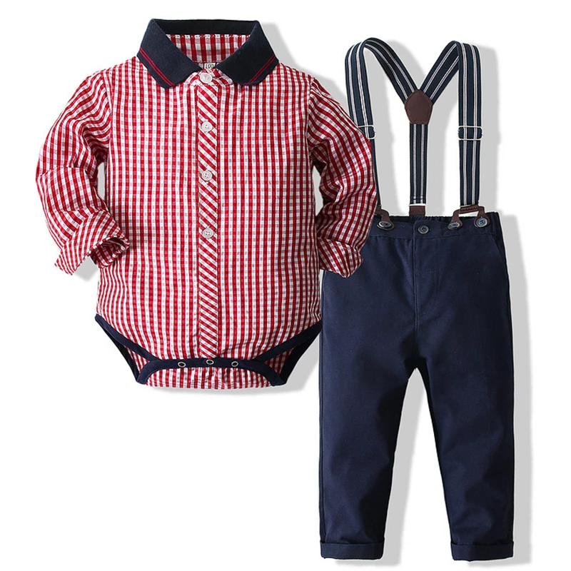 

3Piece Sets Spring Fall Newborn Boy Clothes Korean Fashion Gentleman Plaid Long Sleeve Bodysuit+Pants+Straps Baby Costume BC1424