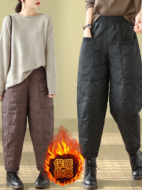 Pantalones informales holgados para mujer, pantalones cálidos de algodón a la moda para invierno, pantalones largos de cintura media con pierna recta, acanalados de Color puro