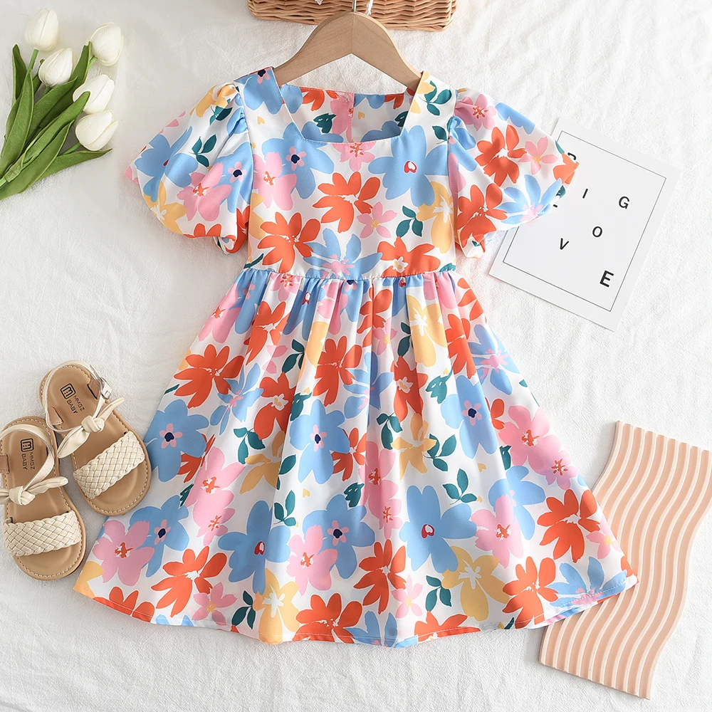 3-7 Years Old Kids Clothes Fashion and Sweet Flower Print Girls' Dresses Summer New Leisure Vacation Short Sleeved Hollow Dress