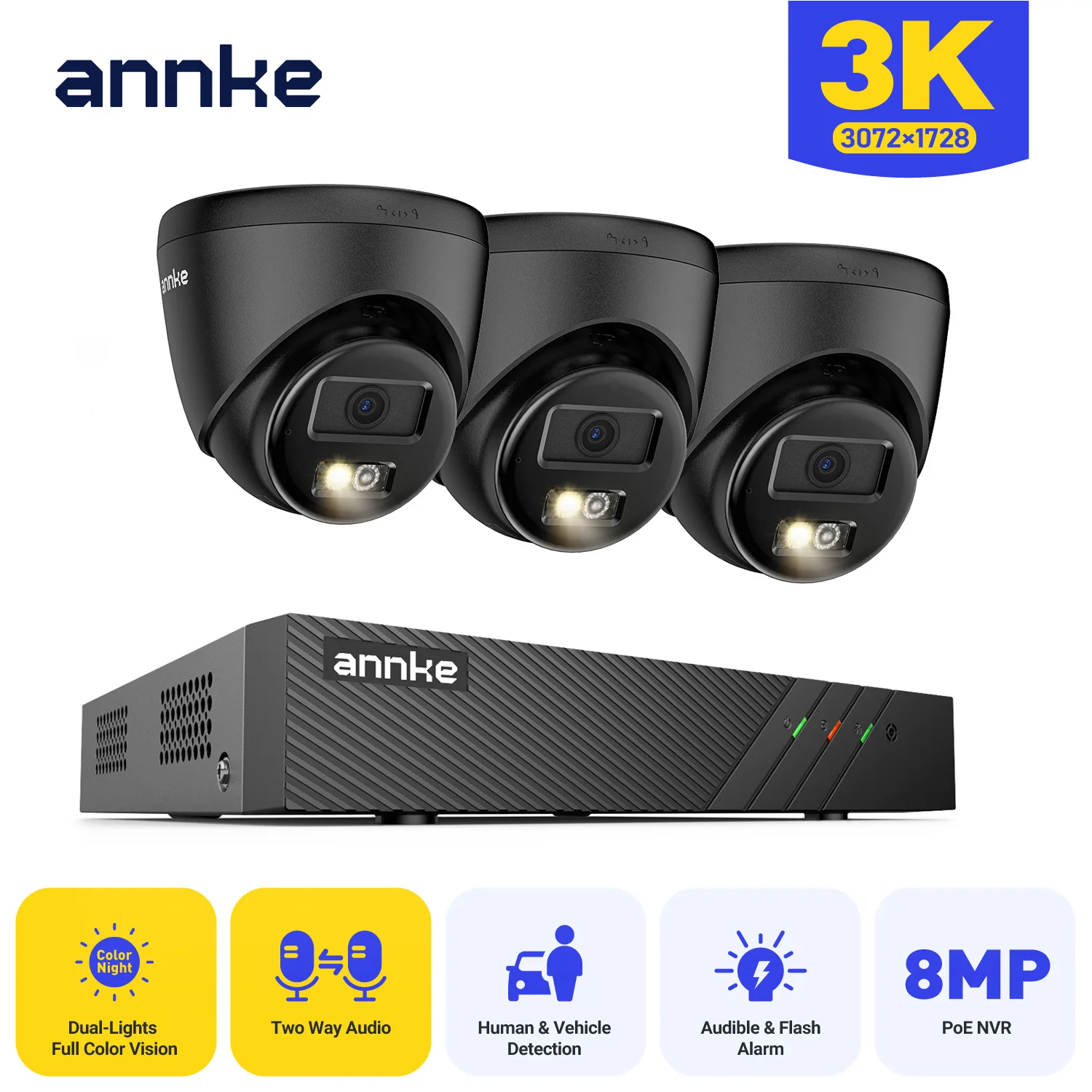 ANNKE H.265+ 3K Ultra HD POE Security Camera 8CH 4K NVR With 2/3PCS 2.8MM 5MP Color Night Vision Camera 123° Wide Angle Two Way Audio CCTV Security System