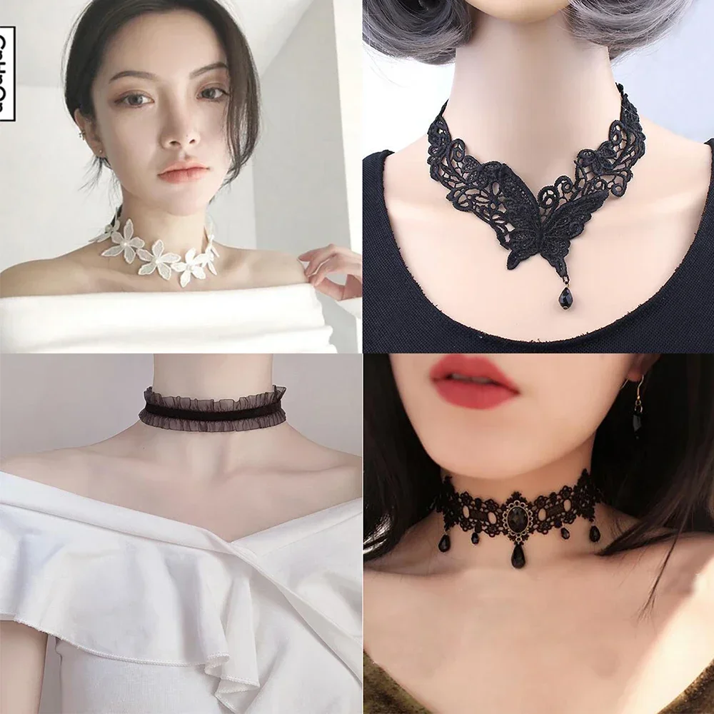 Gothic Black Lace Choker Necklace For Women Vintage Tassel Clavicle Chain Halloween Collar Choker Steampunk Party Jewelry Gift