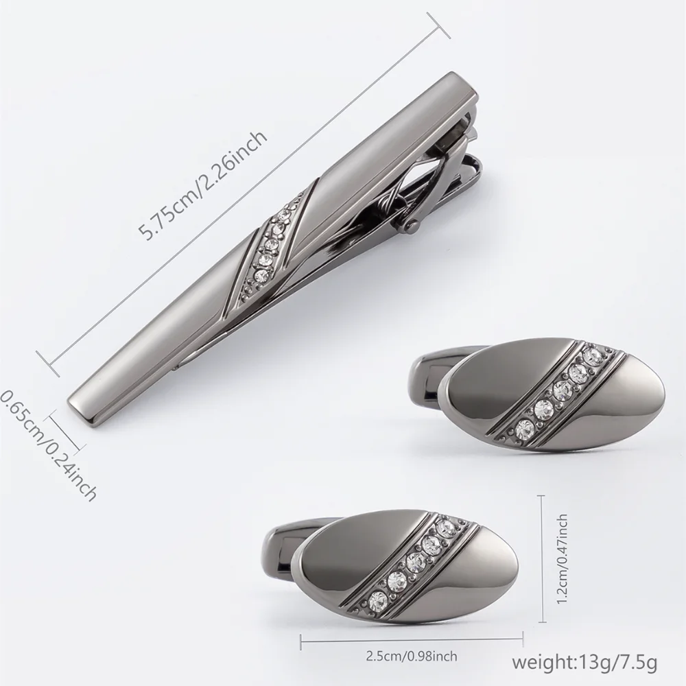 Black Plated Diagonal Crystal Oval Tie Clip & Cufflinks Set Men Fashion Formal Suit Jewelry