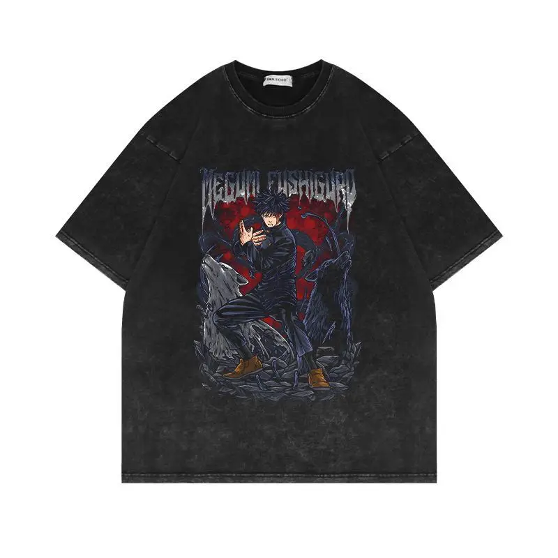 

Футболка из выстиранного хлопка с принтом Годжо Сатору из аниме Jujutsu Kaisen, повседневная, с коротким рукавом, 2026, для мужчин и женщин