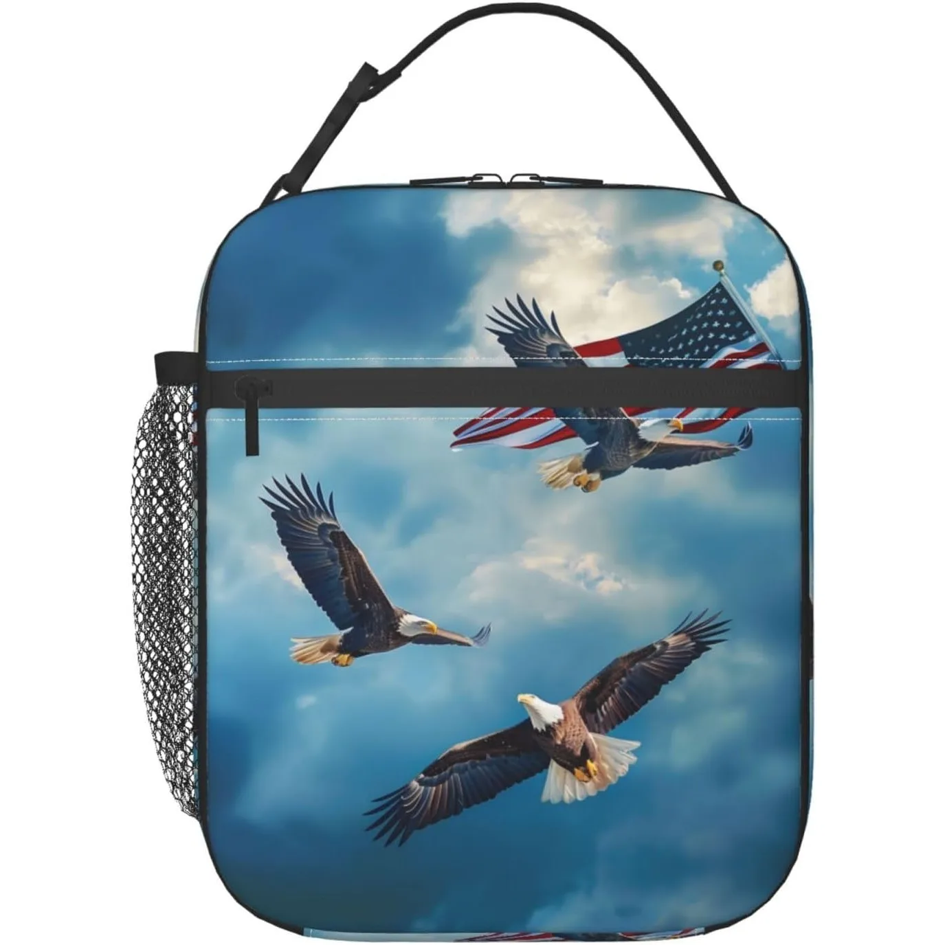 Bald Eagle Print Insulated Lunch Box Gifts for Kids Adults American Flag and Blue Sky Design Reusable Portable Lunchbox