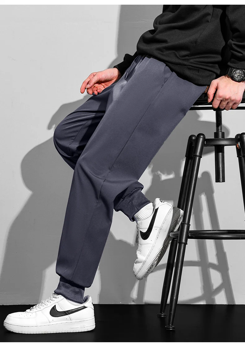 

Осень-зима 202, мужские брюки со средней эластичной резинкой на талии, однотонные мужские спортивные штаны с ремешком на щиколотке, повседневные универсальные мужские брюки с карманами