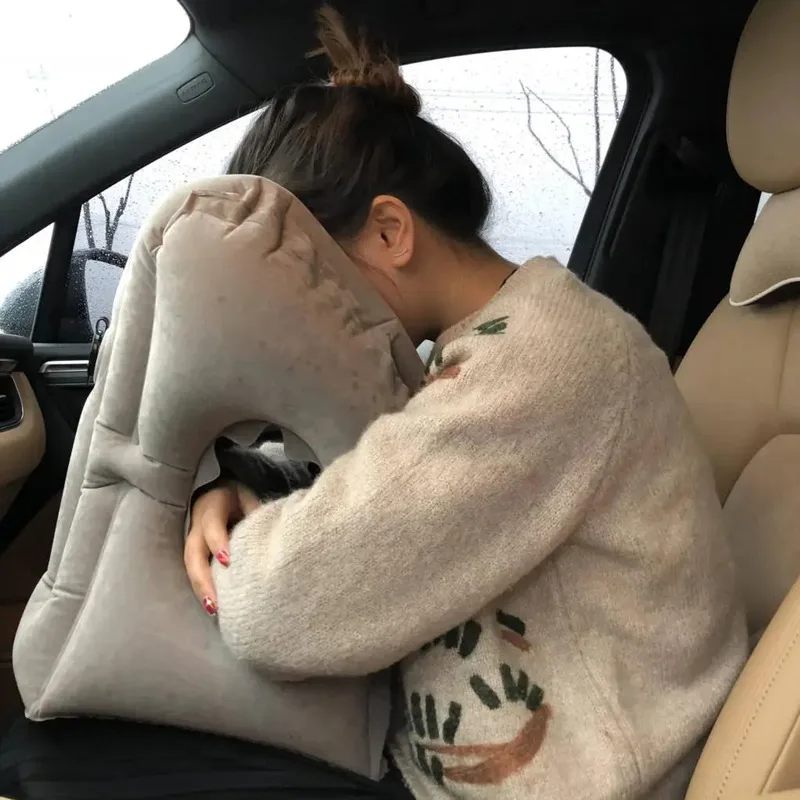 Flocking Travel Inflatable Office Student Nap Sleeping Pillow, Long-Distance Train Airplane Pillow