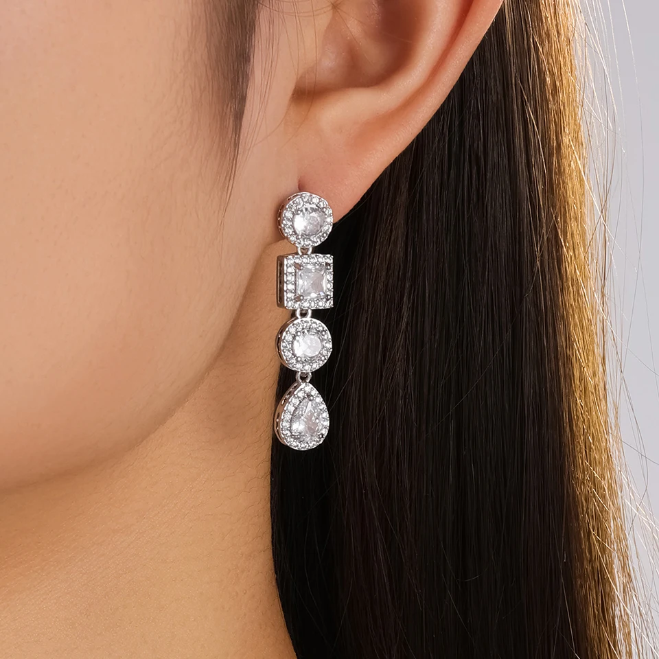 ZAKOL Luxuriöse Elegante Mehrfach-Form Zirkon Lange Hängeohrringe für Damen Rund Quadratisch Tropfenförmig CZ Ohrschmuck Geschenk – Detail 2