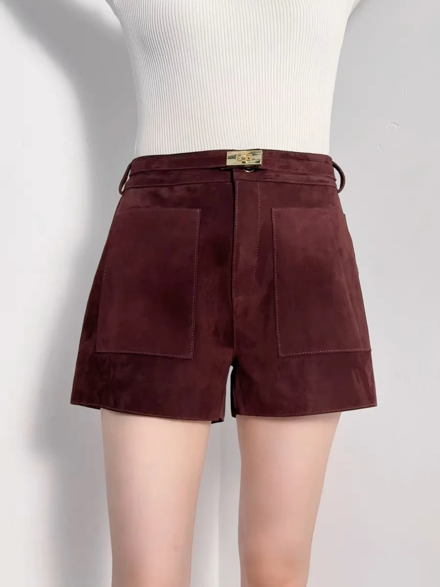 Mode rétro nouveauté 2025 véritable enfant daim peau de mouton Shorts en cuir femmes décontracté en cuir véritable Shorts ceintures