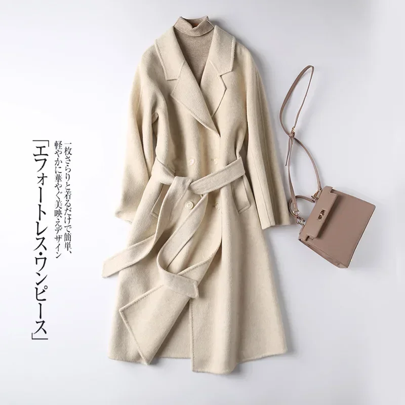 autumn and winter classic double-breasted woolen coat long wool rabbit down mulberry silk double-sided cashmere coat women