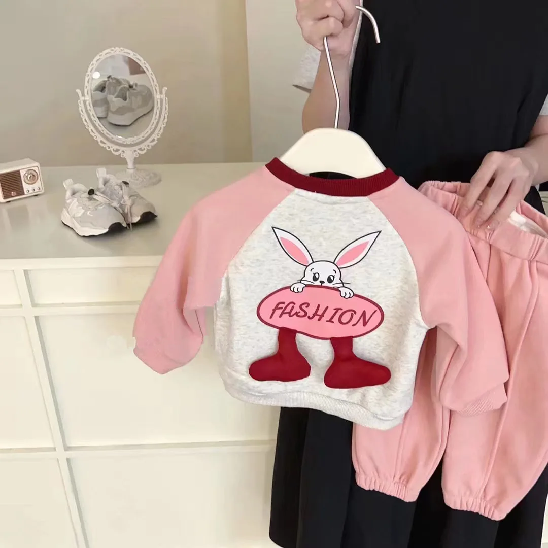 2024 Autumn Winter Young Children Girl 2PCS Clothes Set Cotton Fleece Patched Rabbit Pullovers Solid Jogger Pant Kid Girl Outfit