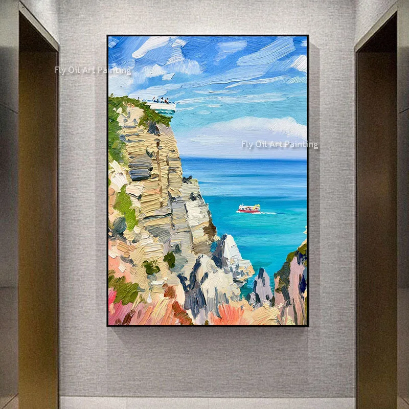 Handpainted Mountain By The Sea Boat On The Sea Oil Painting Beautiful Blue Seascape View Canvas Wall Art Modern Artwork