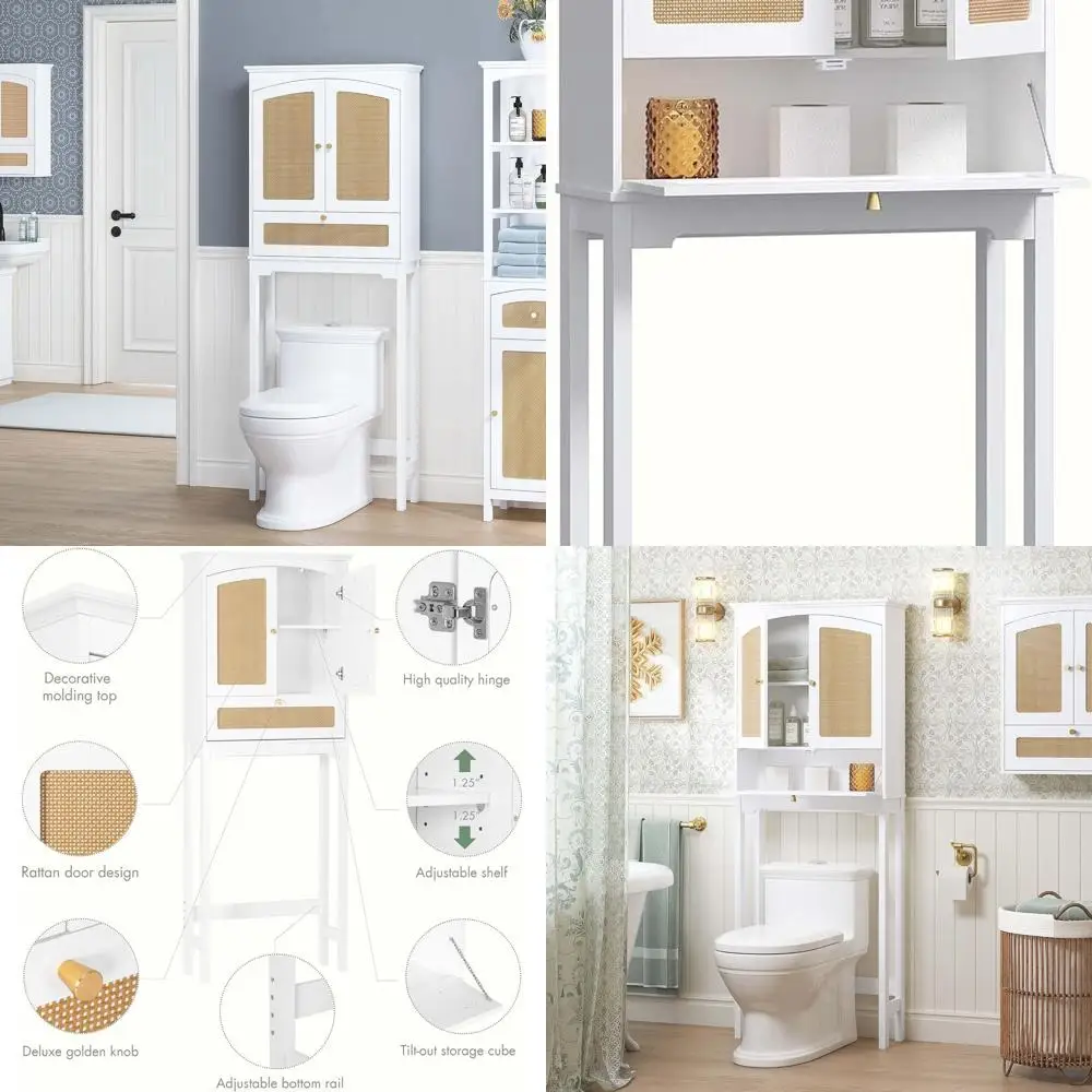 

Шкаф для хранения туалета с дверью из ротанга, наклонный куб и регулируемая полка, органайзер для ванной комнаты