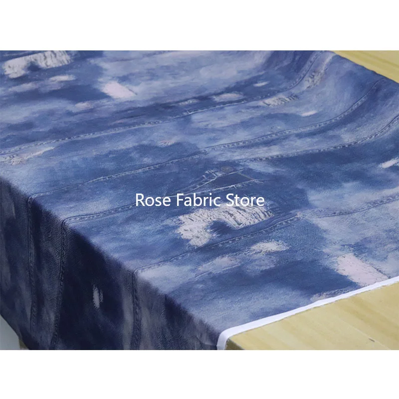 1 meter summer-grade, flowing, lightweight denim-print chiffon fabric for clothing, shirts, dress, hats,  shoes.