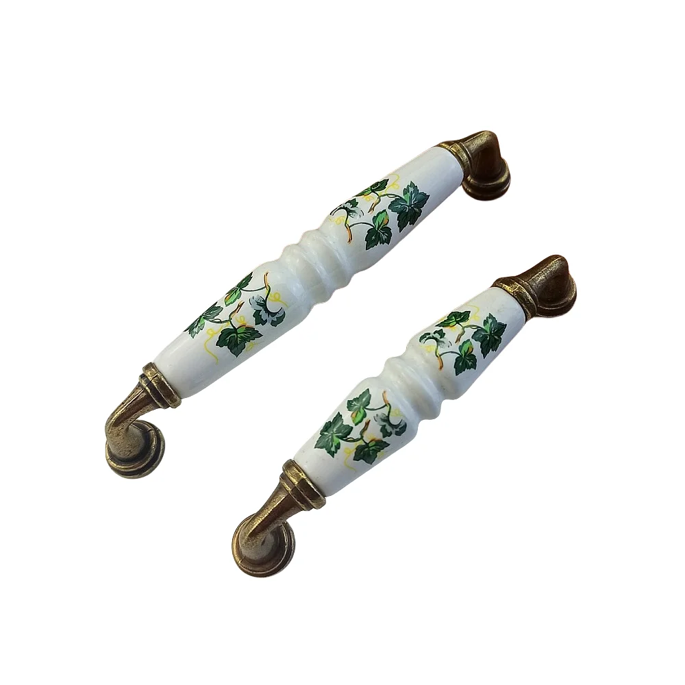 Green Leaves Ceramics Handle For Furniture Door Drawer Knob Wardrobe Kitchen Cabinets Handle Bronze Cupboard Dressing Table Pull
