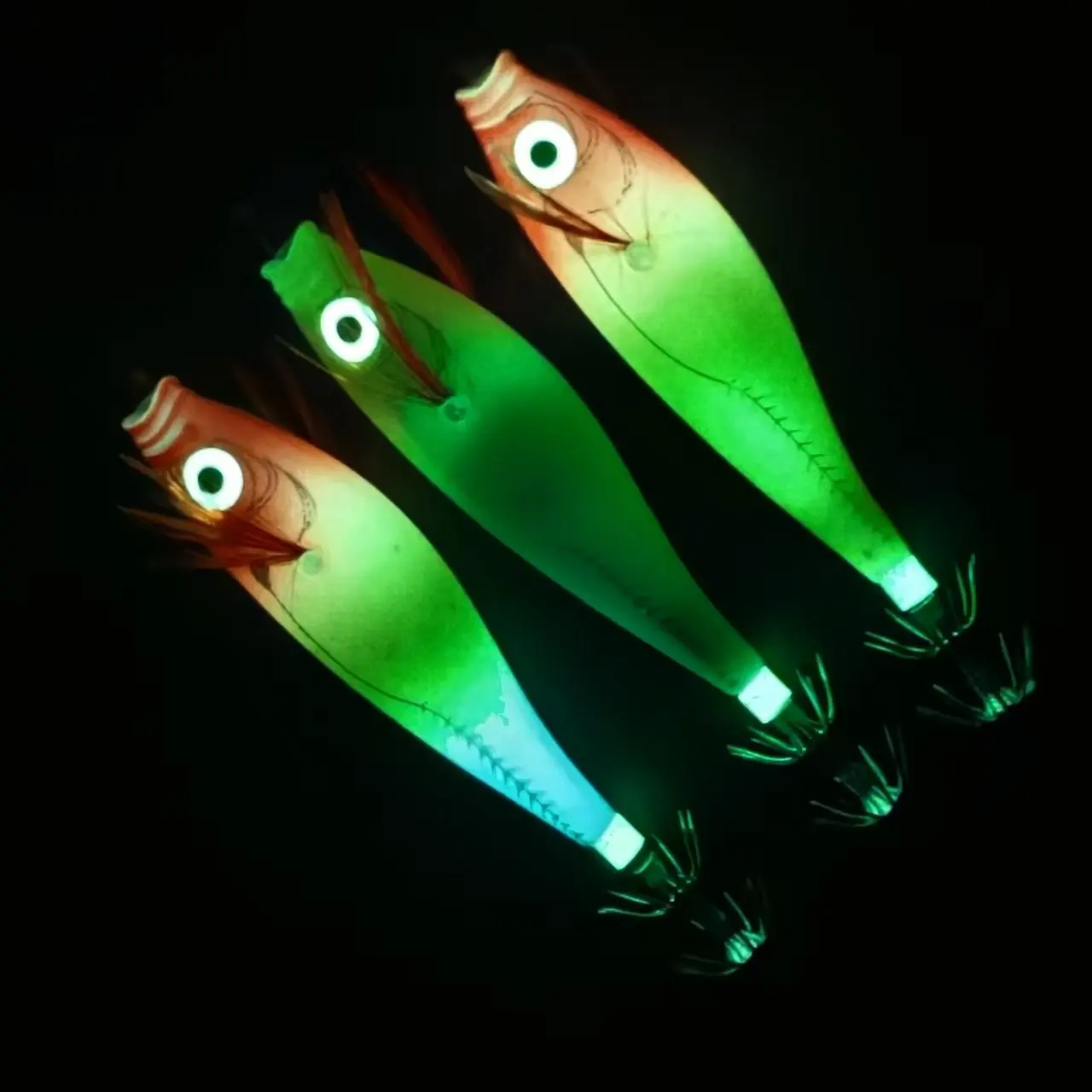 3 قطع من خطافات الحبار المتوهجة - طعوم الروبيان الأفقية - طعوم لـ Egi، رقص حبار الحبار، طعوم صلبة لصيد الأخطبوط