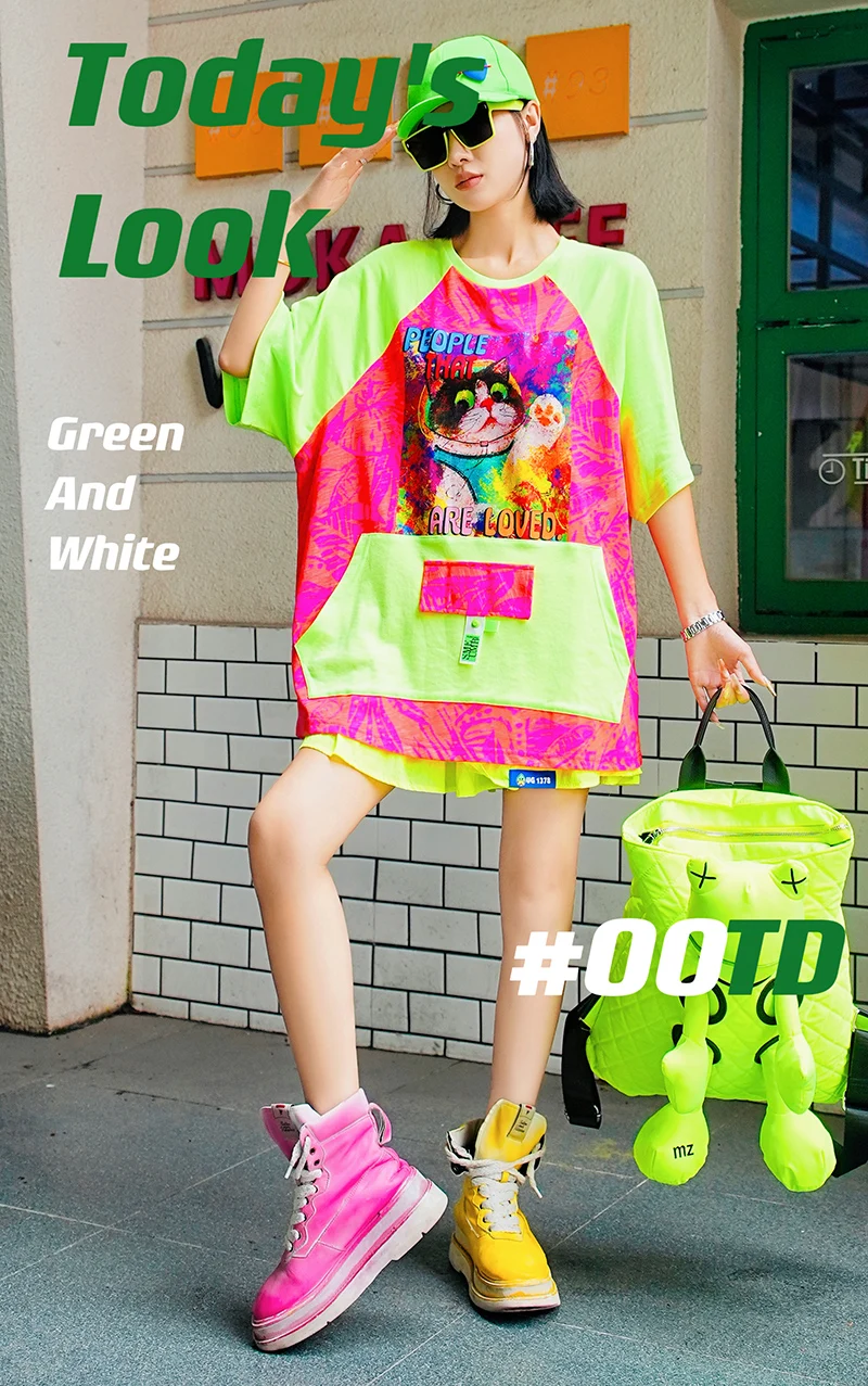 Spring Summer 2024 Fluorescent Green Contrast Color Colorful Letter Cat Fashion Brand Casual Loose Short Sleeves T-shirt Women