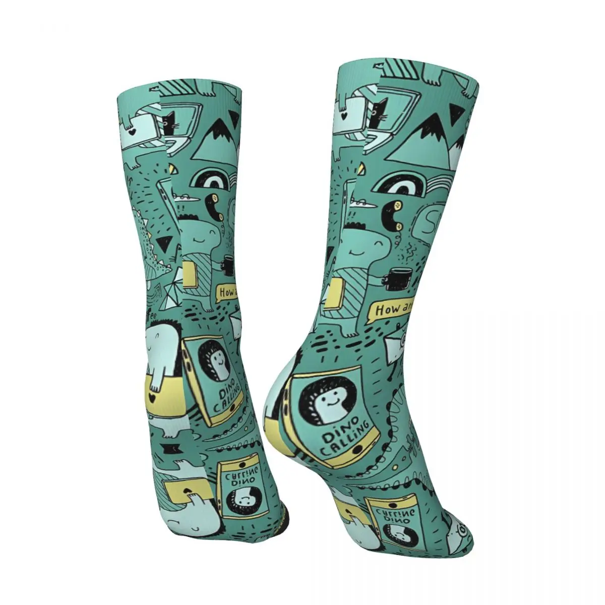 Communication Dinosaurs Men's Socks Retro Harajuku Street Style Novelty Seamless Crew Sock