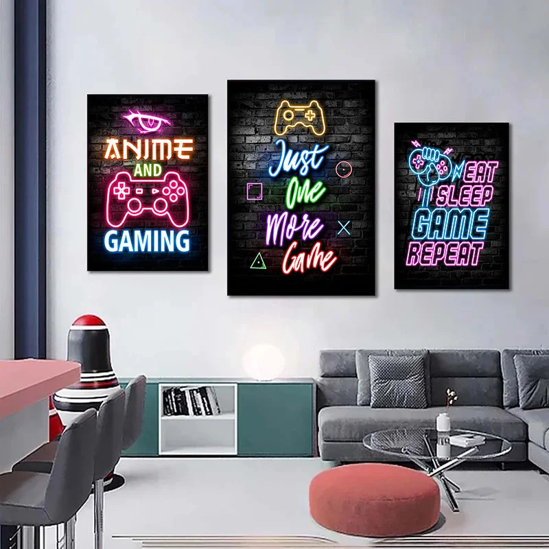 Gaming Neon Eat Sleep Game Repeat  Canvas Posters Gamer Room Decor Canvas Print Art for Home Esports Bedroom Decor Gift Painting