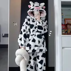 Ensembles de pyjamas à capuche en velours de vache mignon pour femmes, vêtements de nuit Kawaii, vêtements de détente, olympiques de lieu épais, automne, hiver, nouveau, 2023