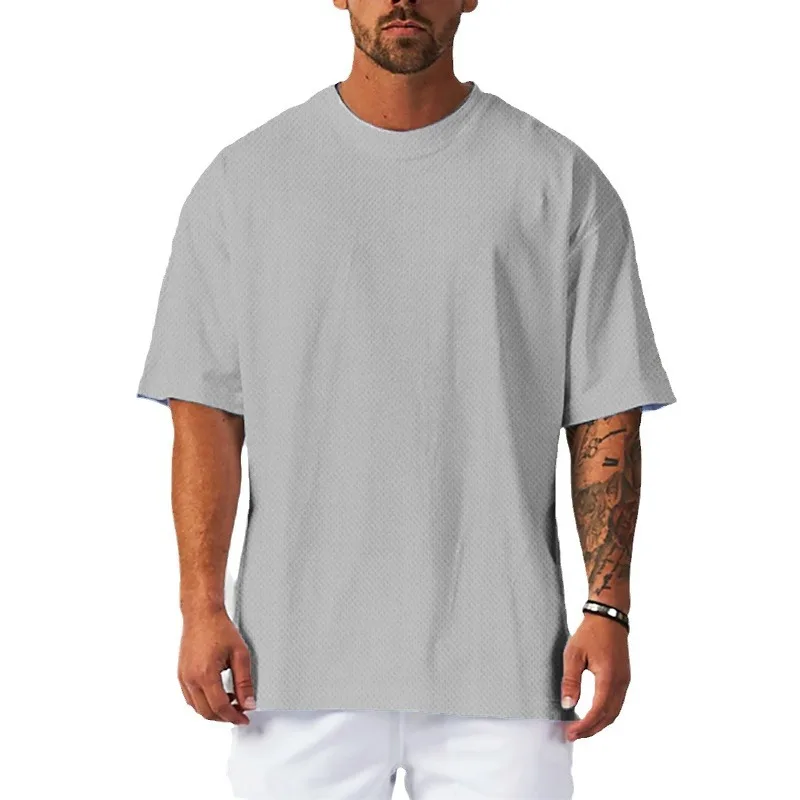 Dropship Summer Round Neck Solid Color Large Size Men's Mesh Breathable Gym Sports Quick-Drying T-shirt