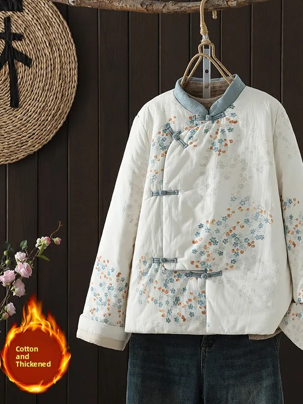 معطف Jaet نسائي من القطن بطباعة الأزهار الفنية مقاس كبير معطف الخريف والشتاء الصيني التقليدي بياقة واقفة...