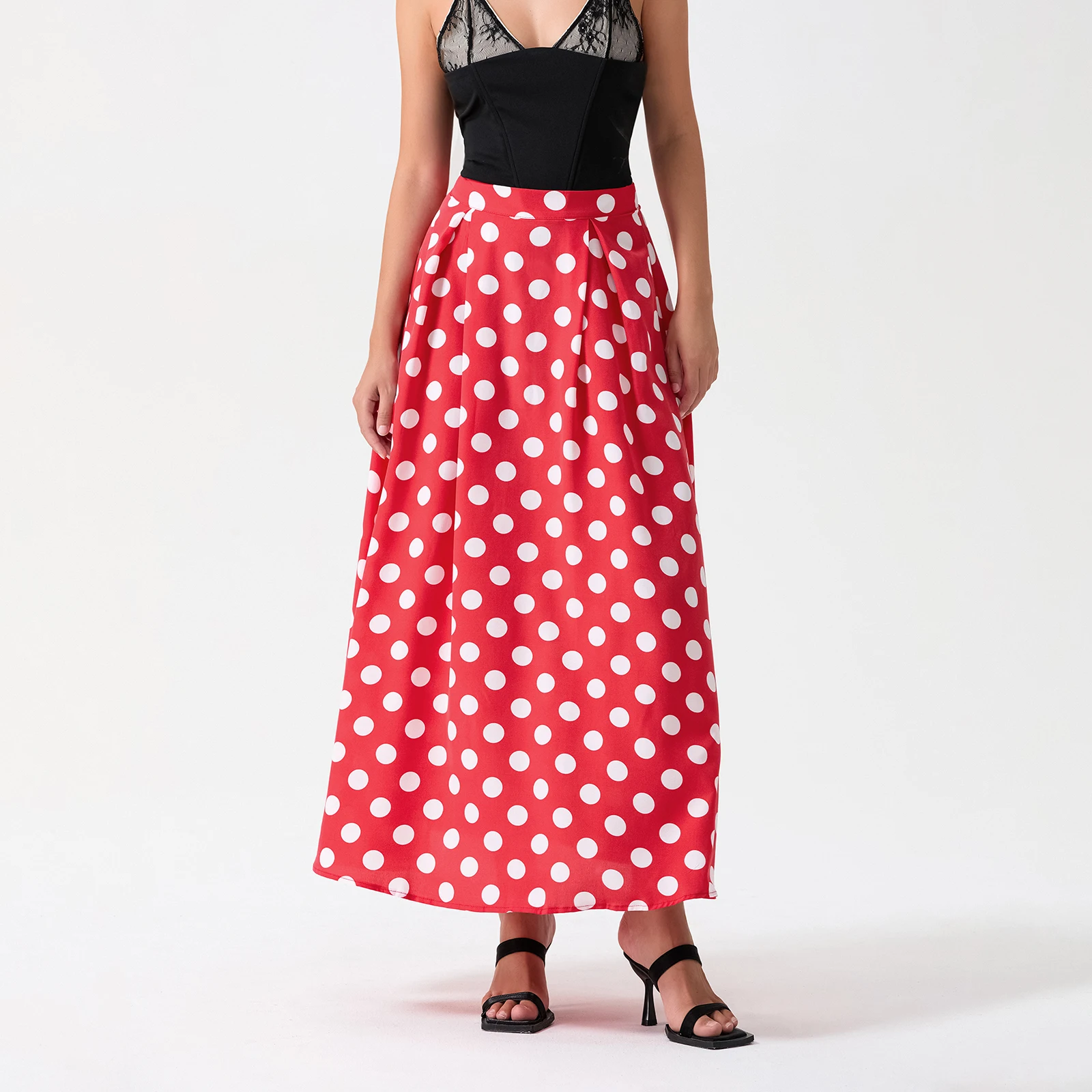 Women's Summer A-line Skirt Dot Print Flowy Hem High Waist Long Skirt Vintage Fashion Skirts,for Travel, Beach, Shopping