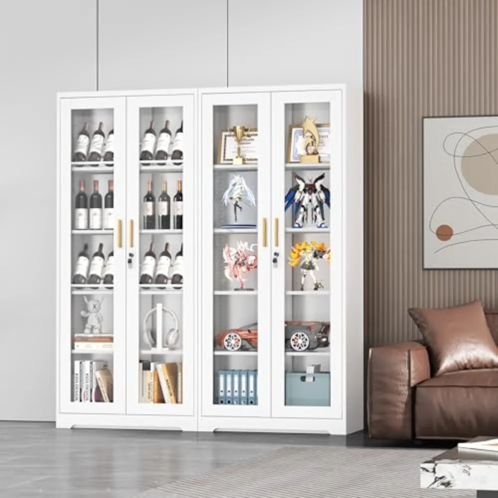 Lockable Display Cabinet with Glass Doors and 4 Adjustable Shelves | Curio Cabinets，Liquor Bookcase Bookshelf with