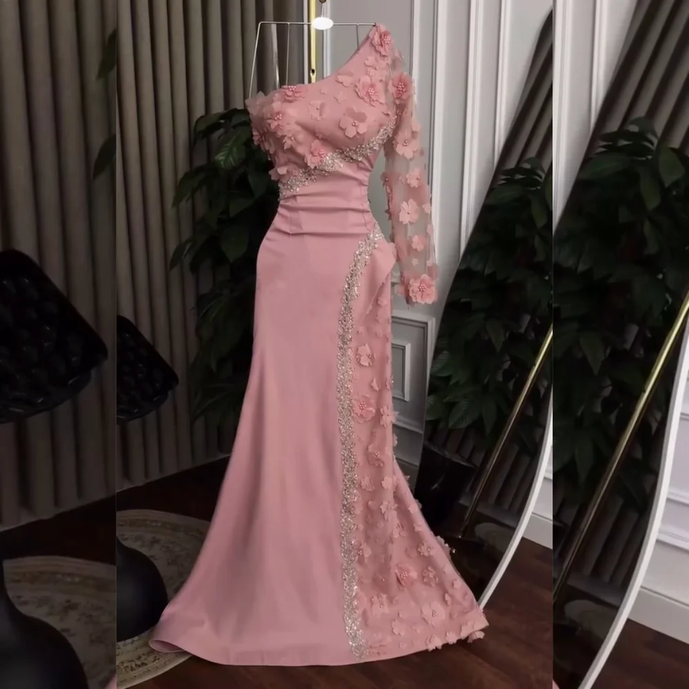 

Customized High Quality Jersey Sequined Pleat Applique Mermaid One-shoulder Long Dresses Bespoke Occasion Chinese Style
