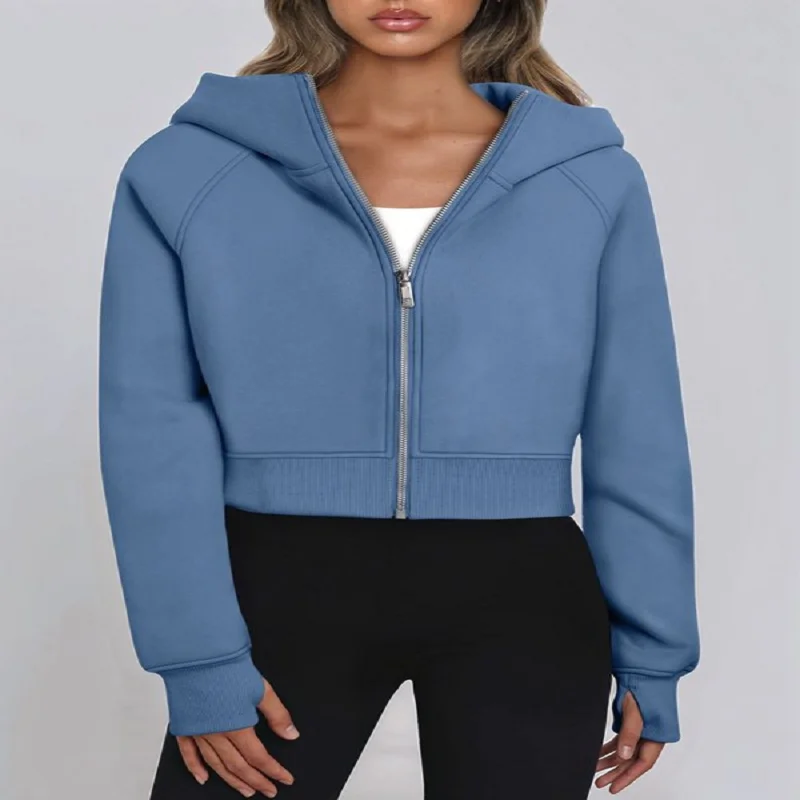 Women's Short Hoodie Jacket Long Sleeved Zipper Warm Coats Solid Color Casual Sweatshirts 2025 Autumn Winter Outerwears