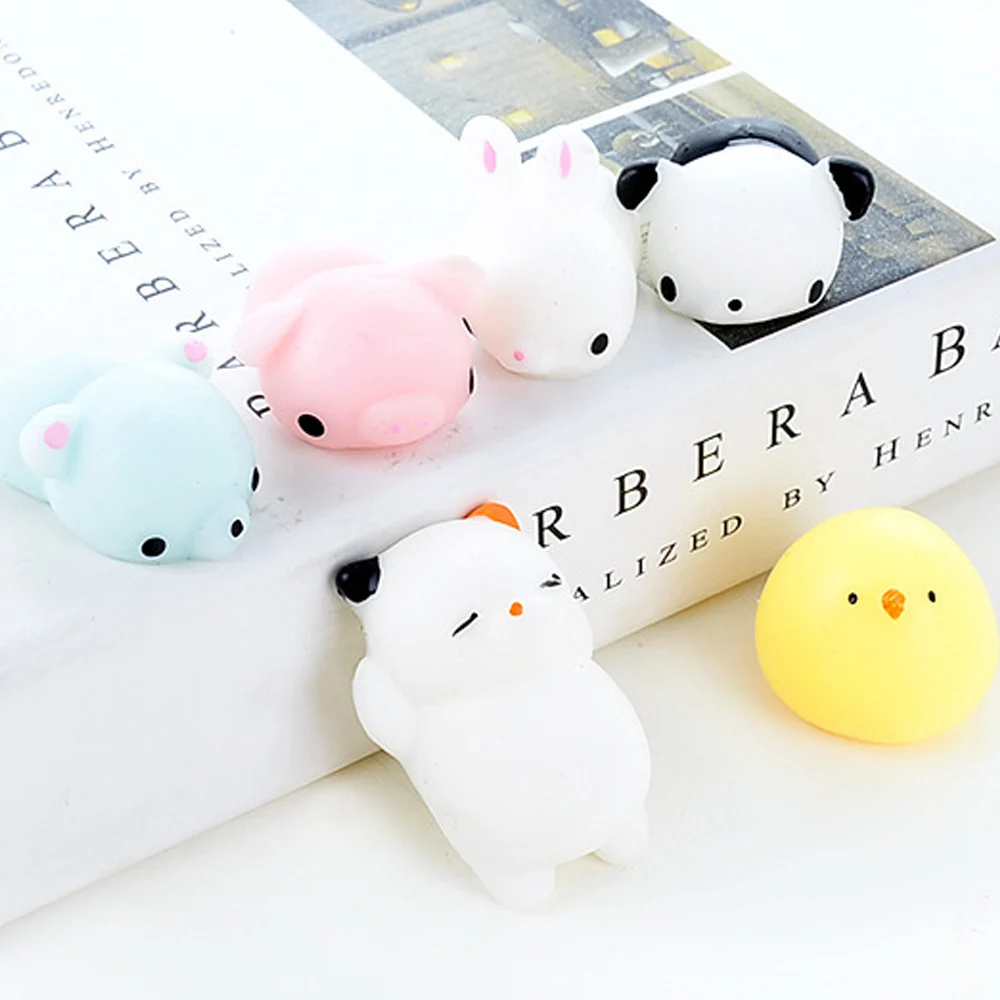 Besegad 6PCS TPR Cat Panda Rabbit Chick Mochi Squishy Toy Squeeze Cartoon Animal Healing Toy Slow Rising Relieves Stress Anxiety